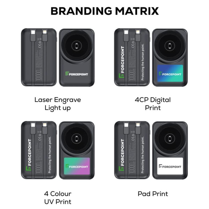 A wireless power bank with a sleek black design, featuring various branding options like laser engraving and digital print.