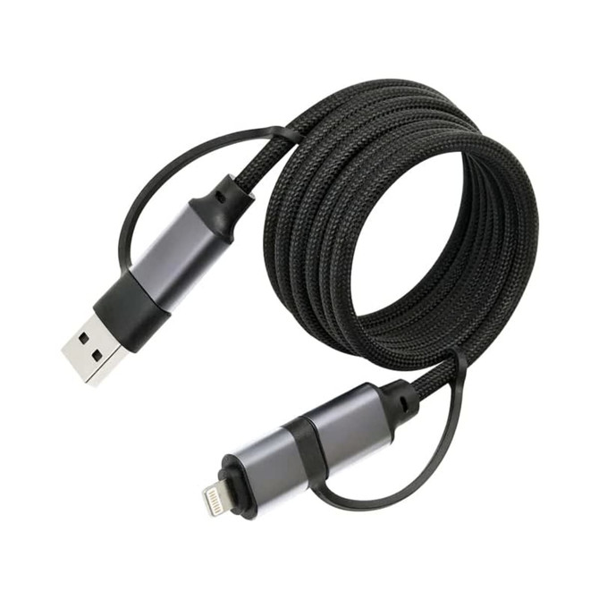 A fast charging data cable in black with grey accents, featuring USB and Lightning connectors. 