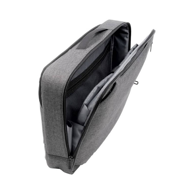 A grey laptop bag with multiple compartments, featuring a sleek design and a logo.