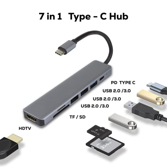 A grey 7-in-1 Type-C hub featuring various ports including HDMI, USB Type-C, USB 2.0/3.0, and a card reader.