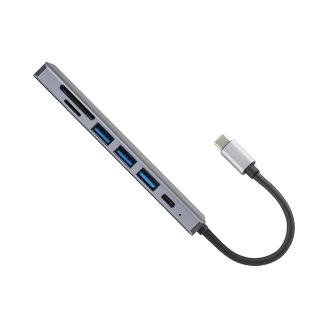 A grey Type-C hub featuring multiple ports, including Type-C, Type-A, and HDMI connections, with a flexible cable.