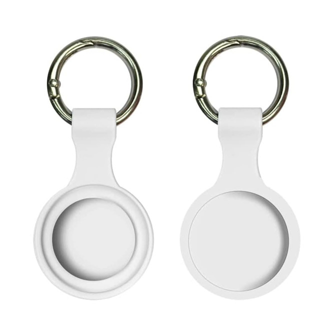 A white silicone Airtag case with a round design and keyring attachment, featuring a branding logo.