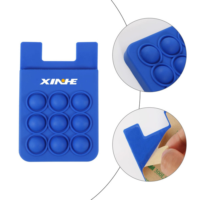 A blue silicone phone wallet featuring multiple pop bubbles and a logo. The design includes a slot for attachment.
