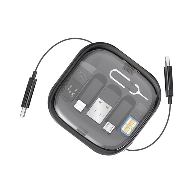A compact black storage case containing a retractable 60W charging and data cable set with multiple connectors.