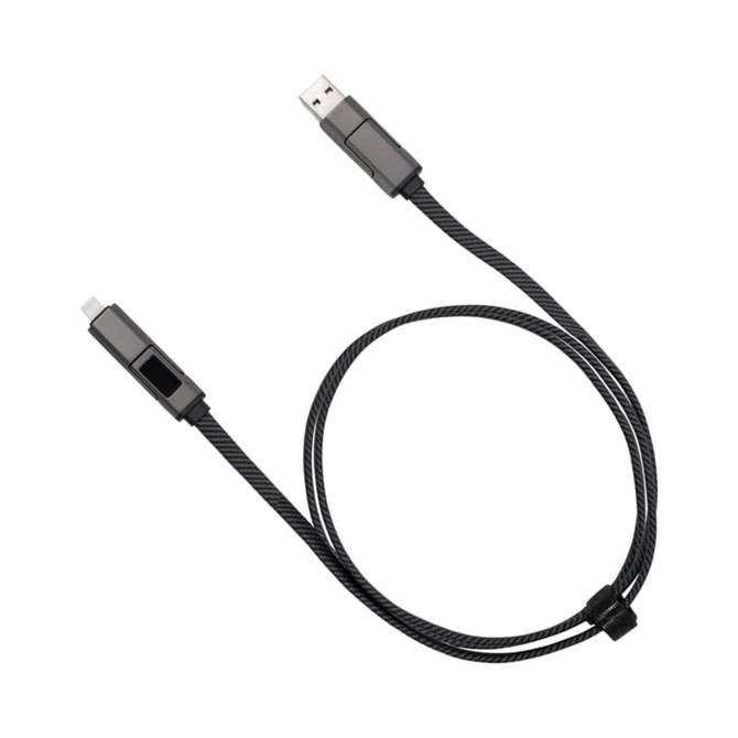 A black 4-in-1 charging cable with USB and multiple connector ends. It features a branded logo.
