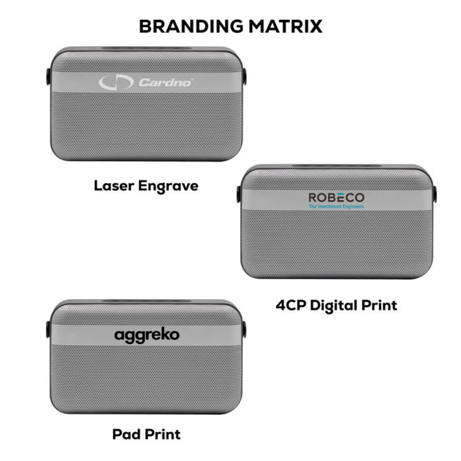A premium wireless speaker featuring a sleek silver design and multiple branding options on its surface.