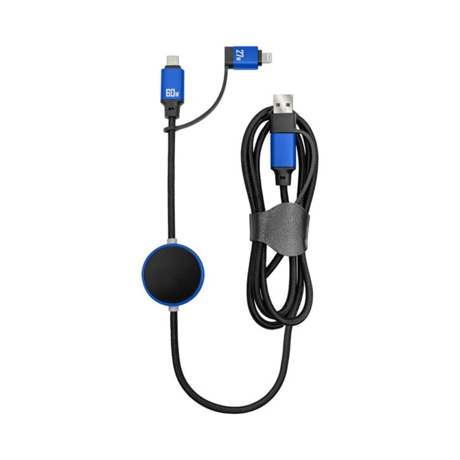 A fast charging data cable in blue and black, featuring interchangeable connectors and a circular connector housing.