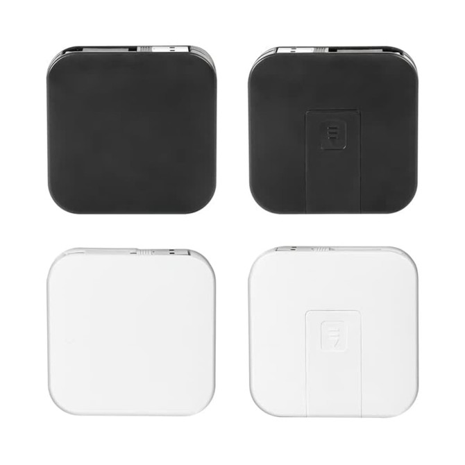 Avola Retractable Fast Charge Cable and Stand in black and white, featuring a compact, square design.