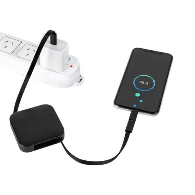 Avola retractable fast charge cable in black, connecting to a smartphone displaying a charging status.