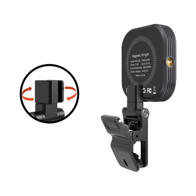 A magnetic LED selfie light in black with an adjustable clip for attachment and a rotating feature.