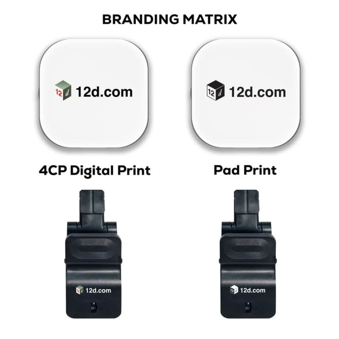 A square branding matrix featuring two designs on a white background with black clips below.