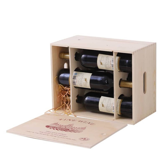 A wooden six-pack wine box with natural finish, containing wine bottles and straw stuffing inside.