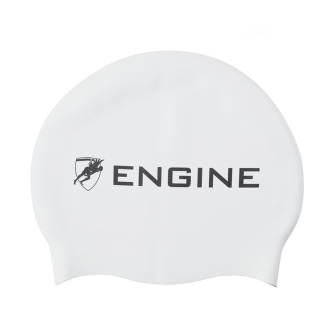 A white swimming cap featuring a logo and the word "ENGINE" in black.