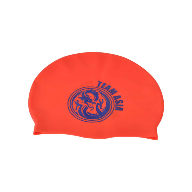 An orange swimming cap featuring a logo and the text "TEAM ASIA."