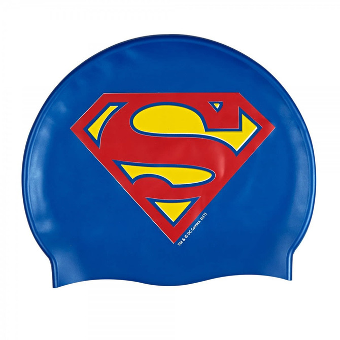 A blue swimming cap featuring a large red and yellow logo with an emblem. It has a smooth surface and rounded shape.