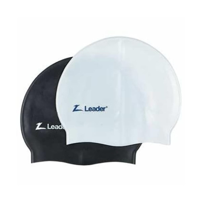Two swimming caps in black and white, featuring a logo on each cap.