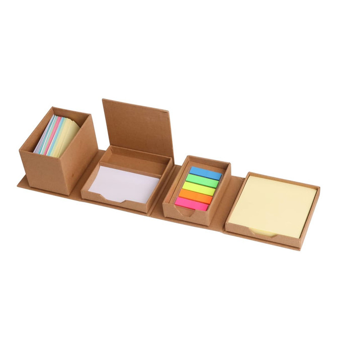A folding cube sticky note memo holder featuring various coloured sticky notes and a cardboard design.