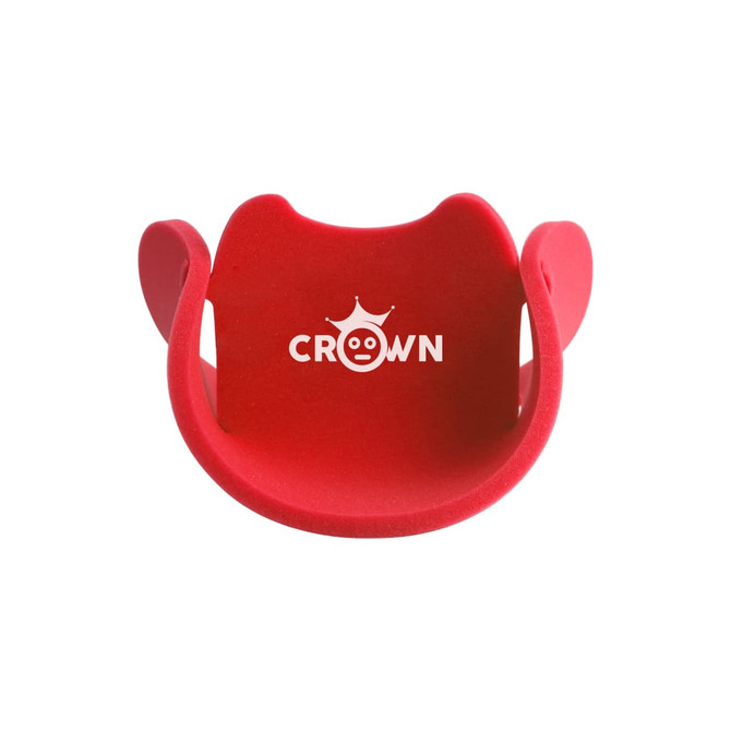 A red party hat with a curved design and a logo on the front. Ideal for celebrations and festive occasions.