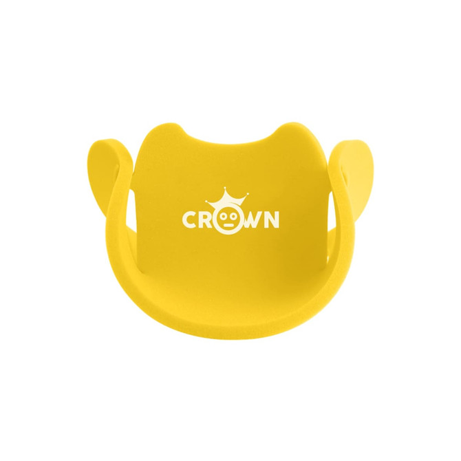 A yellow, flexible party hat with a rounded design and a logo feature. Suitable for festive occasions.