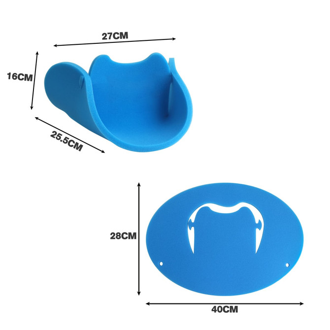 A blue sponge cow boy party hat with measurements of 27cm and 16cm, featuring a logo.