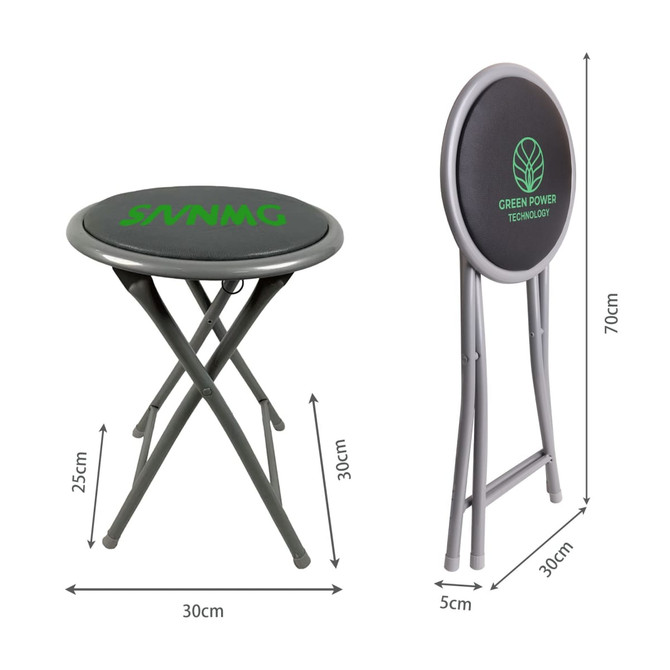 A folding stool with a green and black padded seat, grey metal frame, and dimensions displayed.