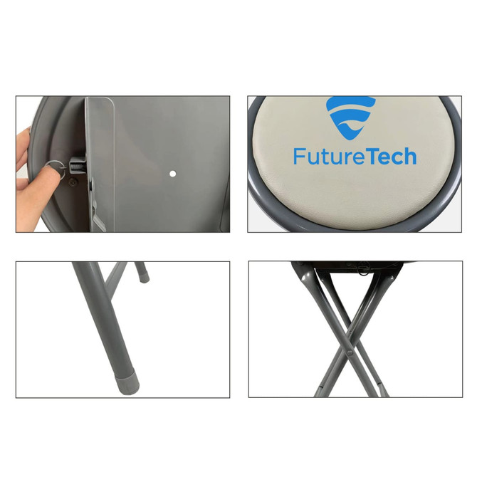 A grey folding stool with a padded seat and metal frame, featuring a logo on the seat and side.