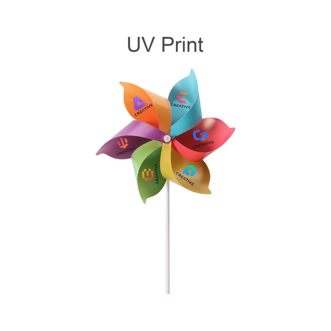 A six-leaf pinwheel featuring vibrant orange, purple, green, and blue petals, mounted on a white stick.
