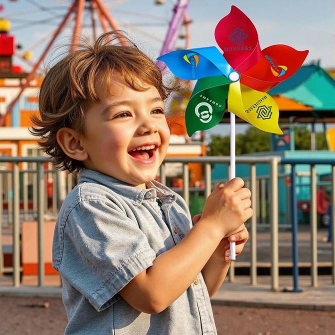 A child smiles while holding a vibrant five-leaf pinwheel in red, yellow, green, and blue, with a logo visible.