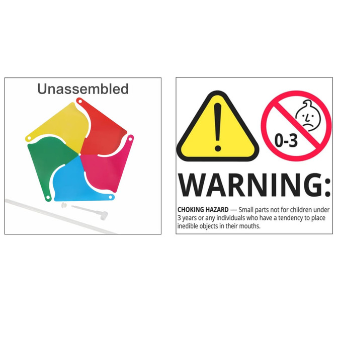 A five-leaf pinwheel in bright yellow, pink, blue, and green colours, unassembled with a warning label about small parts.