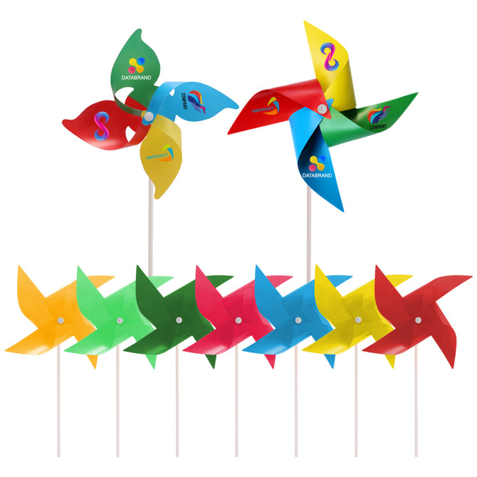 A colourful four-leaf pinwheel set featuring red, yellow, green, and blue designs, with a logo on each.