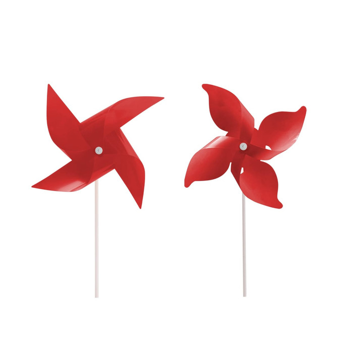 A red four-leaf pinwheel with a white stick. It features four curved blades and has a logo.