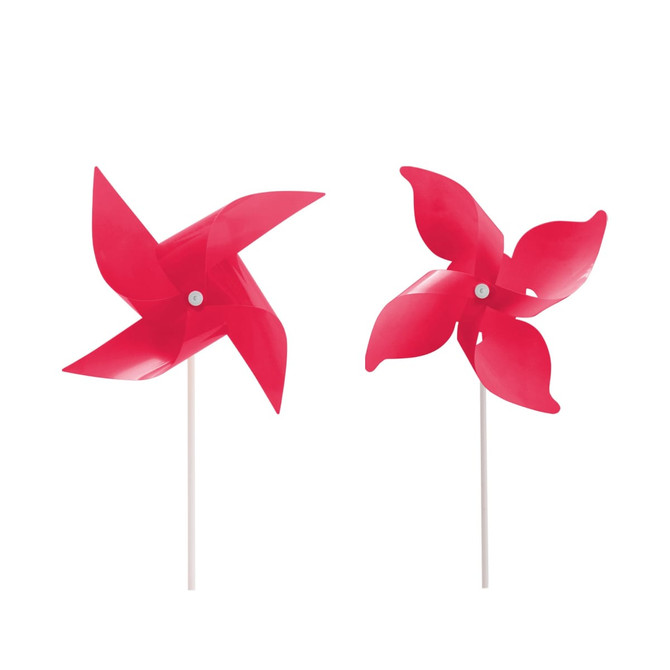 Two pink four-leaf pinwheels on white sticks, designed for decorative purposes.