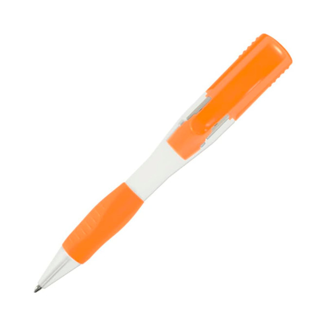 An orange and white pen with a textured grip, featuring a clip and a sleek design. Suitable for promotional use.