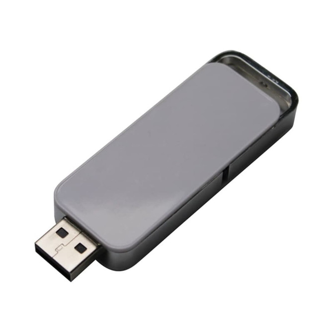 A silver flash drive with a sleek design and a metallic finish, featuring a logo on one side.
