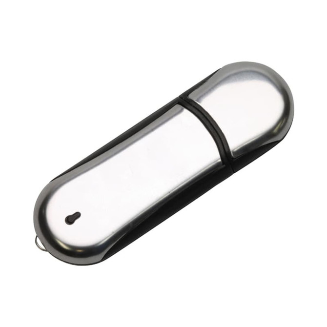 A silver and black curved flash drive with a glossy finish and a small branding logo.