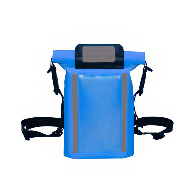 A waterproof crossbody handlebar bag in bright blue with reflective strips and black straps. Features a clear pocket.