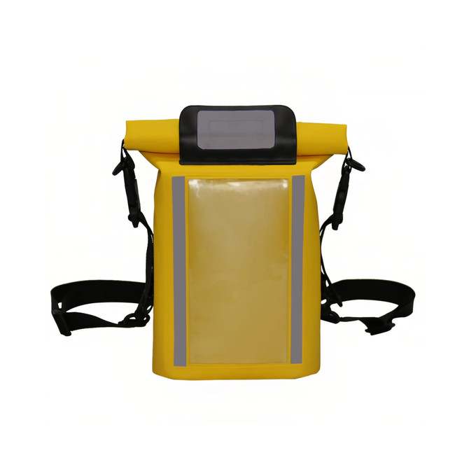 A waterproof crossbody handlebar bag in bright yellow with reflective strips and adjustable straps. It features a clear front pocket.