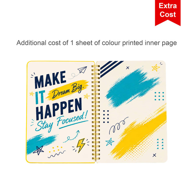 A5 wiro-bound notebook with a colourful printed inner page featuring motivational text and designs in blue and yellow.