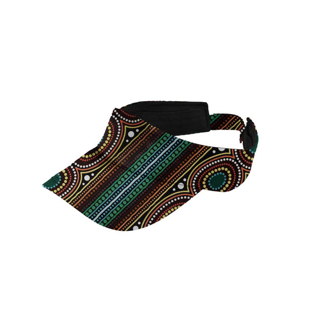 A full sublimation visor featuring a vibrant patterned design in black, green, blue, red, and white with a branded element.