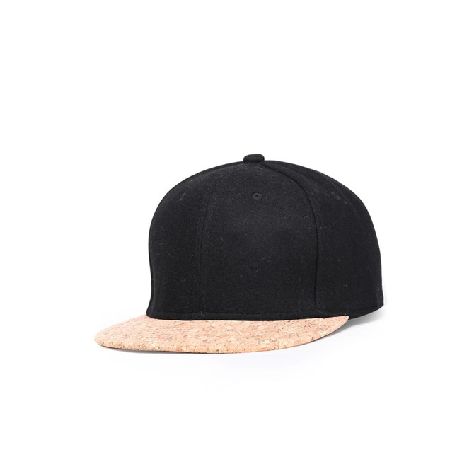 A black snapback cap with a flat cork peak and a prominent logo.