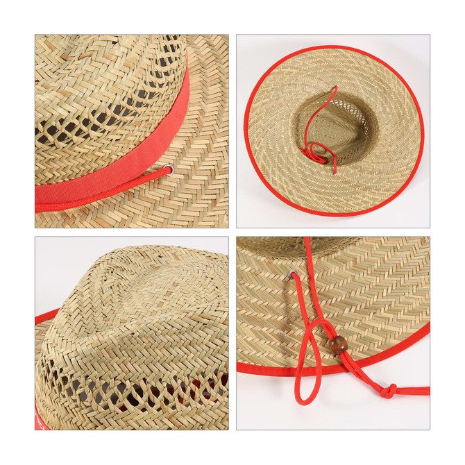 A natural straw hat with a red band and adjustable chin strap, featuring a woven pattern and circular shape.