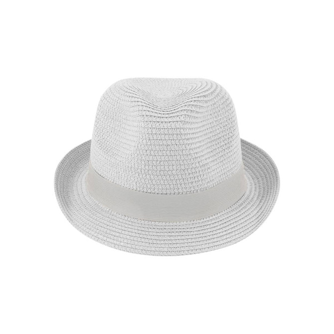 A light grey straw hat with a smooth band, featuring a round top and a wide brim. It has a logo on the side.