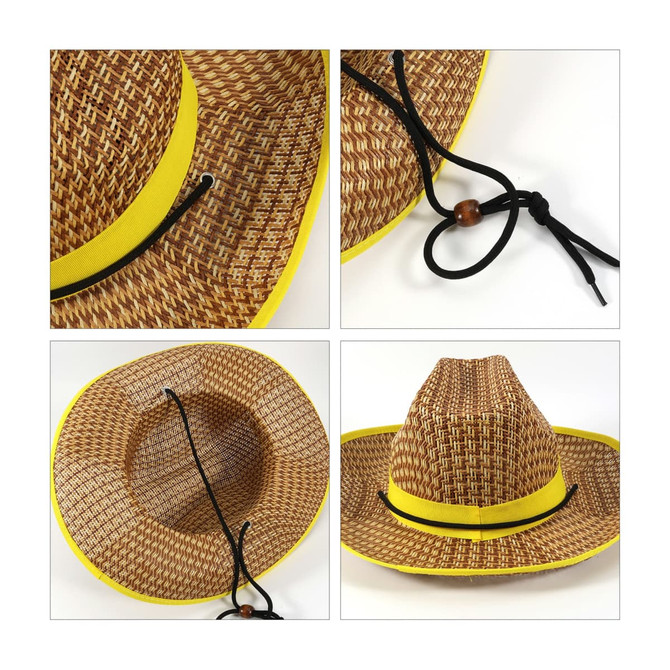 A Western straw hat featuring a woven design, yellow trim, and an adjustable black cord.