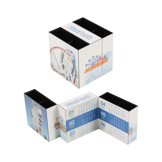 A three-panel foldable pen holder in white, featuring images of an amusement park and divided into sections.