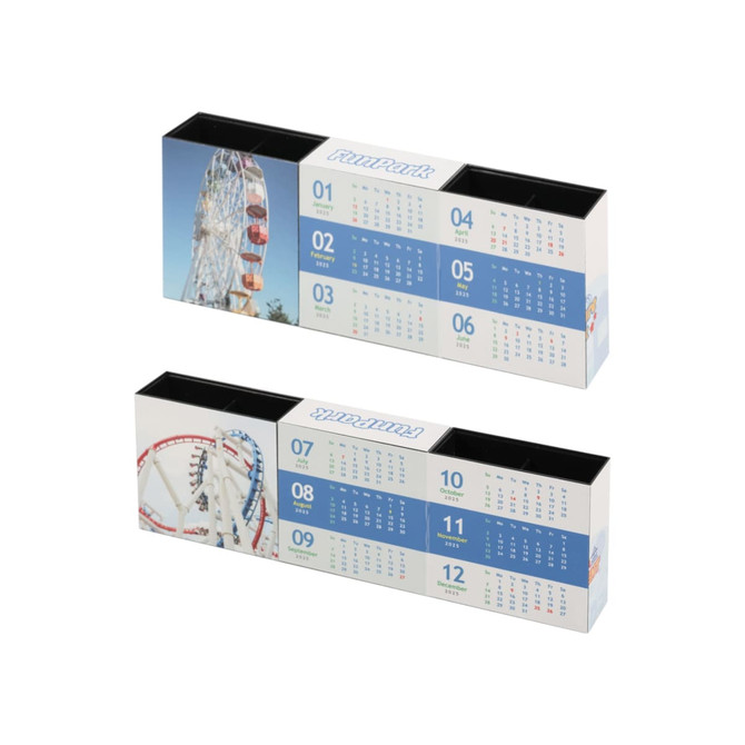 A three-panel foldable pen holder in white and blue, featuring images of a ferris wheel and rollercoaster. It has a logo.