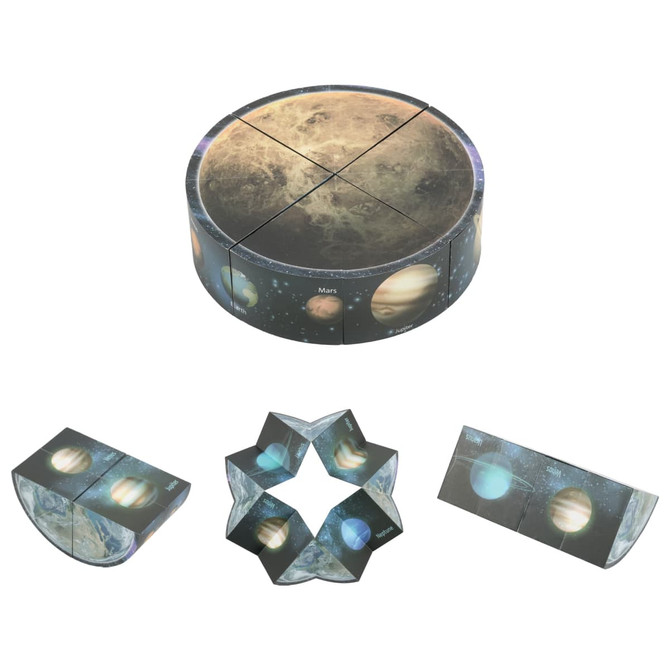 A 3D puzzle disc in space theme, featuring planets in earthy tones with diverse geometric shapes when assembled.
