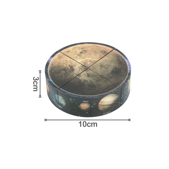 A circular puzzle featuring a space theme, showcasing planets, with a diameter of 10cm and a height of 3cm.