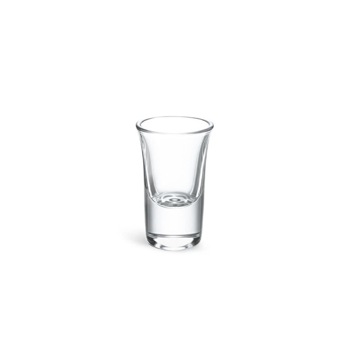 A clear glass shot glass with a tapered shape, designed for serving drinks, presented individually.