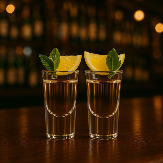 Two clear glass shot glasses filled with a golden liquid, garnished with lemon wedges and mint leaves, on a wooden bar.