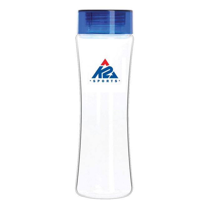 A drink bottle made of clear Tritan, featuring a blue lid and a sports brand logo.